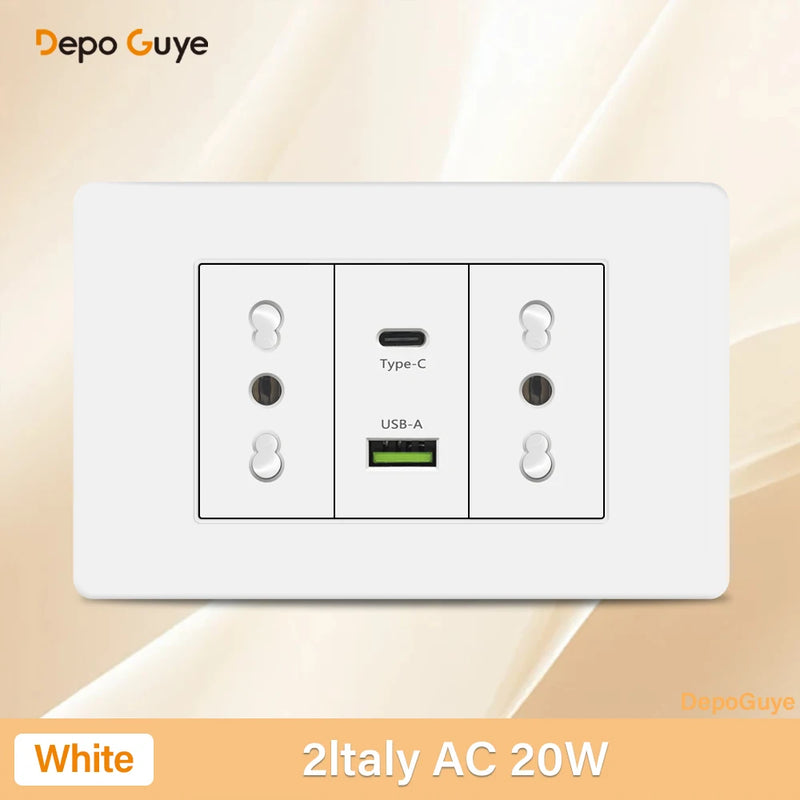 Italy Chile Mexico USB Smart Type-c 20W Fast Charging Wall Outlet plug,Brazil Electric Light Switch Panel Universal usb c Socket