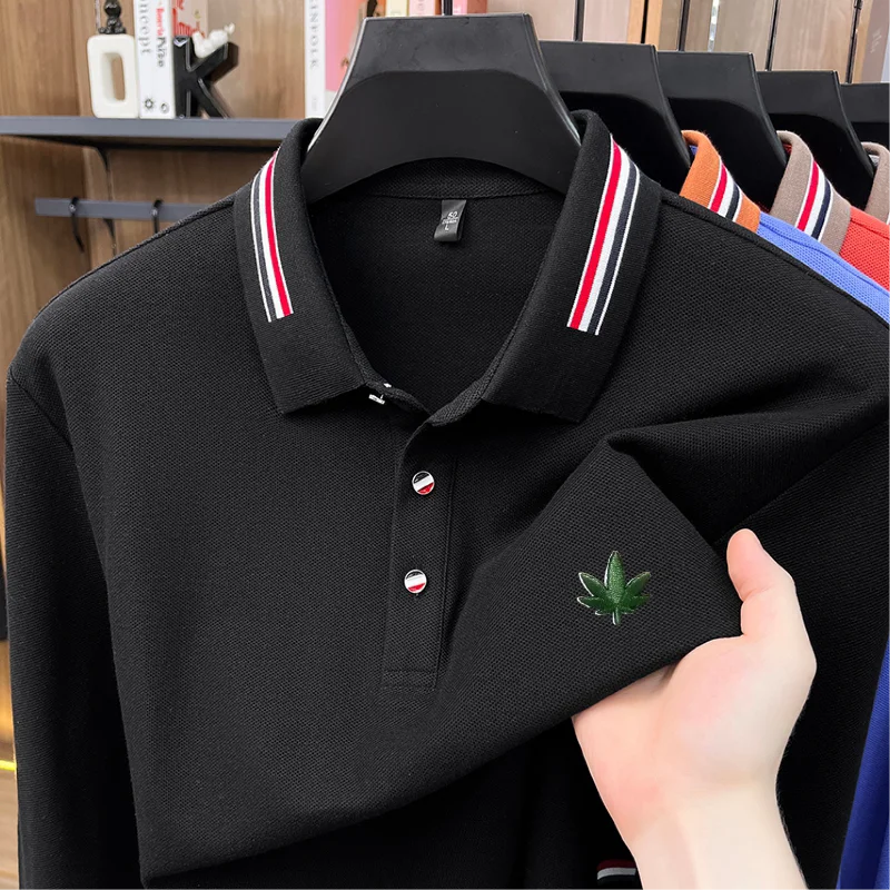 100% Cotton Man Long-Sleeved Polo Shirt Lapel Button Color Blocking Leaf Embroidery Autumn New Polo Shirt Leisure Men's Clothing