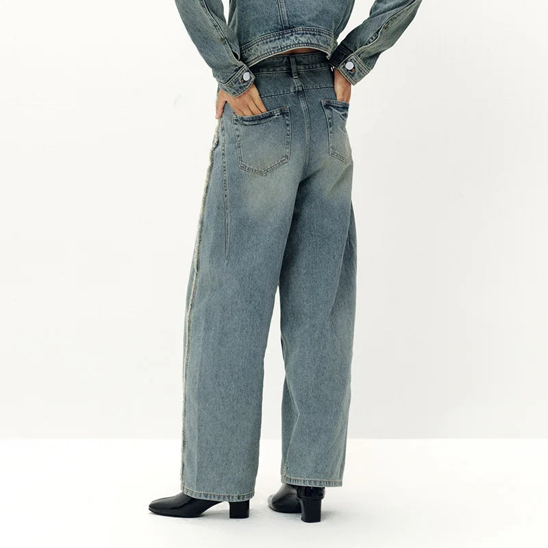 Semir Women Jeans Washed Curved Barrel Loose Draping Wide Leg 2026 Autumn Retro Street Style Denim Bottoms Daily Wear