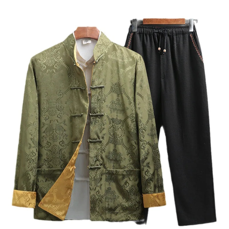 Men's Blue Two-piece, Tang-style Suit: A Chinese-style Single-breasted Stand-collar Jacket in Jacquard Fabric Paired with Pants.