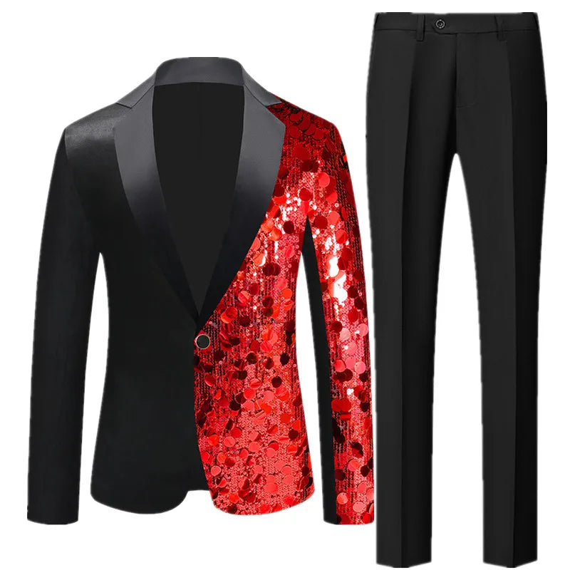 2‌026 Men's Red Sequin Tuxedo Jacket & Red Trousers Set - Stage Performance/Wedding/Party Formal Wear‌