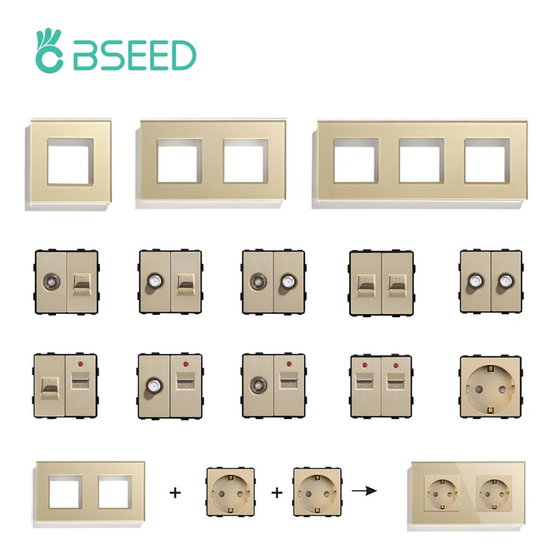BSEED DIY Modules EU Glass Panel Double USB Socket Internet CAT5 RJ45 ST TV Power Socket Wall-Mounted Free Combination