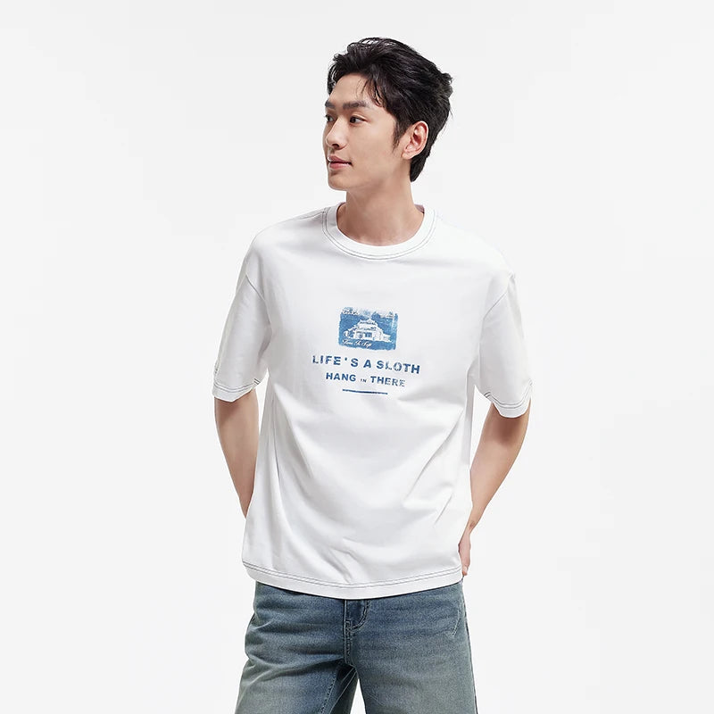 Semir Mens Tshirt 2026 Pure Cotton Letter Printed Knitted Loose Crew Neck Casual Style Soft Daily Wear