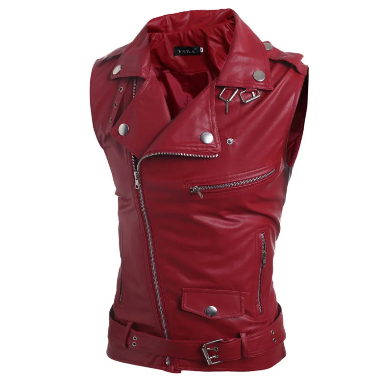 2026 Men's Black Lapel Sleeveless Vests Jacket, Slant Zipper Switch Vest, Hem Belt, Adjustable Size, White, Wine Red Waistcoat.