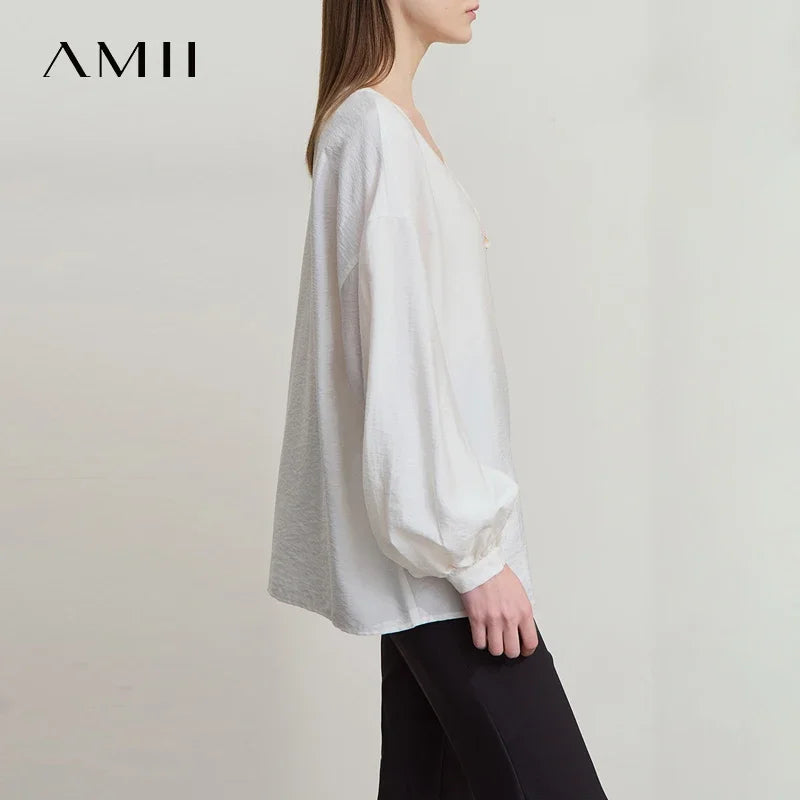 Amii Women's Autumn Minimalist V-Neck Down Sleeve Shirt 2026 New Lyocell Solid Color Loose Casual Top Blouse Women 12551048