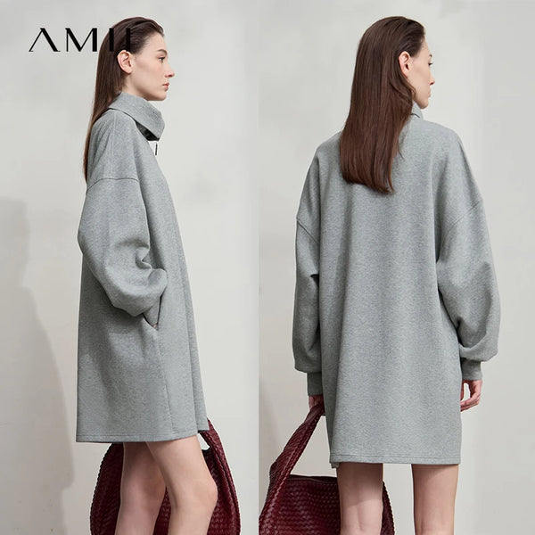 AMII Minimalist Grey Dresses For Women 2026 Autumn Large Turn-Down Collar Pullover Sports Dresses Loose Casual Dresses 12513003