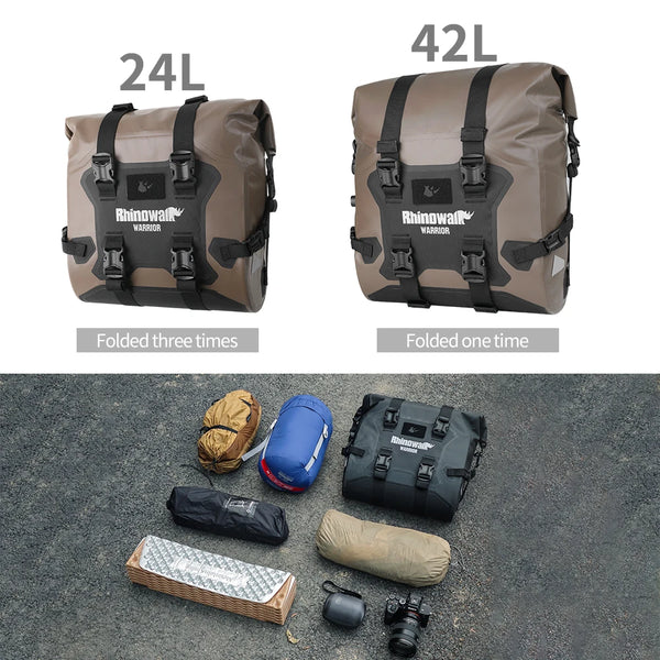 កាបូបចំហៀងម៉ូតូ Rhinowalk ការពារទឹកជ្រាប 24L កាបូបដាក់កែបម៉ូតូ 1 ឬ 2 ដុំ ជាមួយនឹងសន្ទះខ្យល់សម្រាប់ទ្រទ្រង់