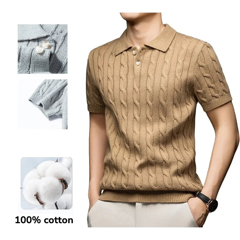 Men's Vintage Cable Knit Short Sleeve Polo Sweater 100% Cotton Retro Turn-down Collar Casual Pullover