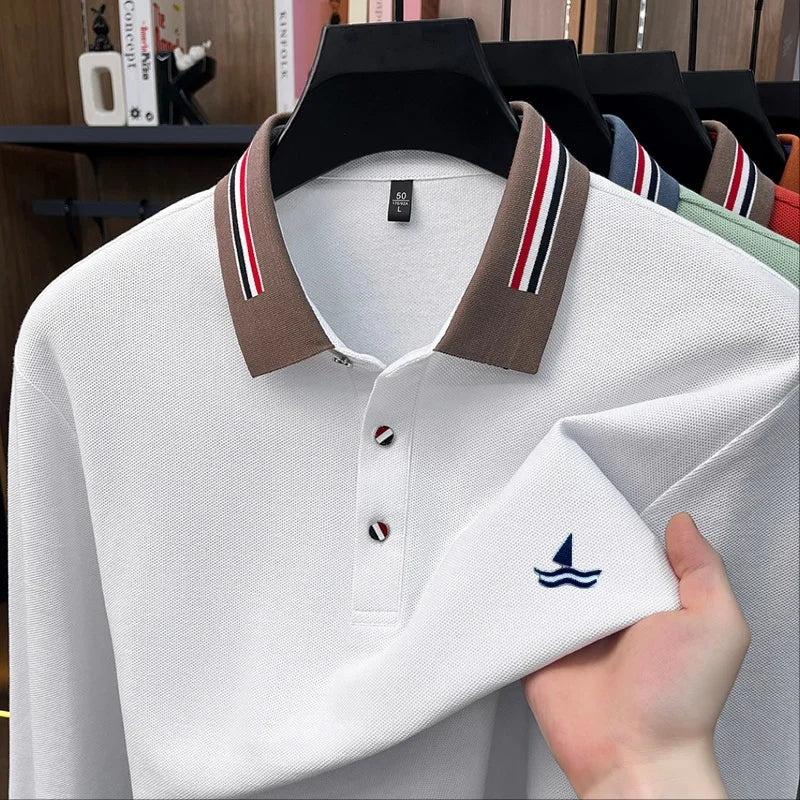 Luxury Man 100% Cotton Long-Sleeved Polo Shirt Lapel Button Exquisite Pattern Embroidery Autumn New Leisure Versatile Men's Wear