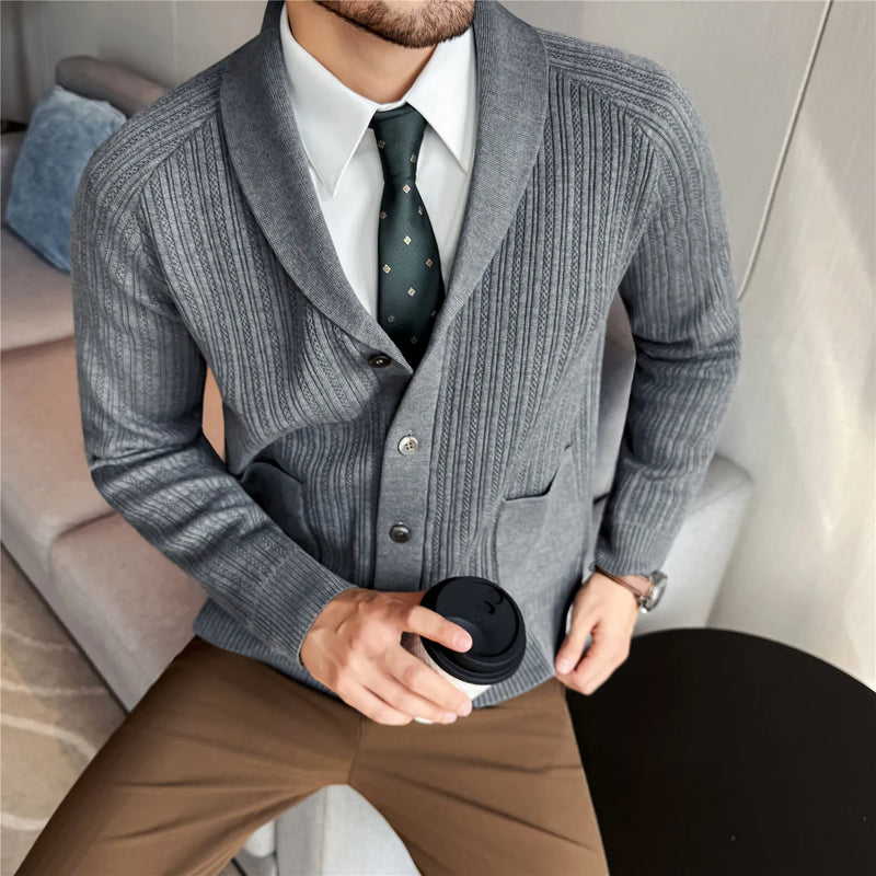Men's Shawl Collar Knit Cardigan, Old Money Style Stripe Design, Thickened Autumn Winter, White Gray Black