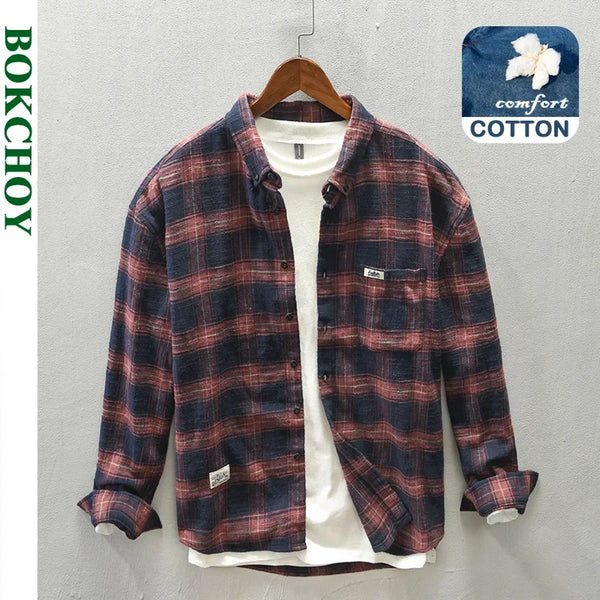 Spring and Autumn New Men 100% Cotton Retro Plaid Casual Long Sleeve Shirt for Men Clothing Pocket Workwear AZ713