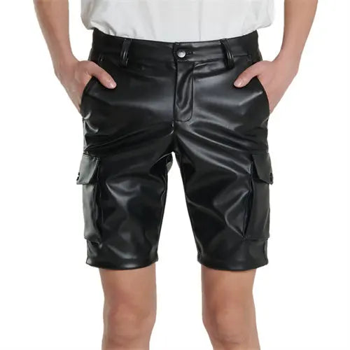 Summer Thin Section Men's Black Stretch Leather Shorts, Work Style Shorts Red White Blue PU Pants Male Five-point Pants 29-40 42