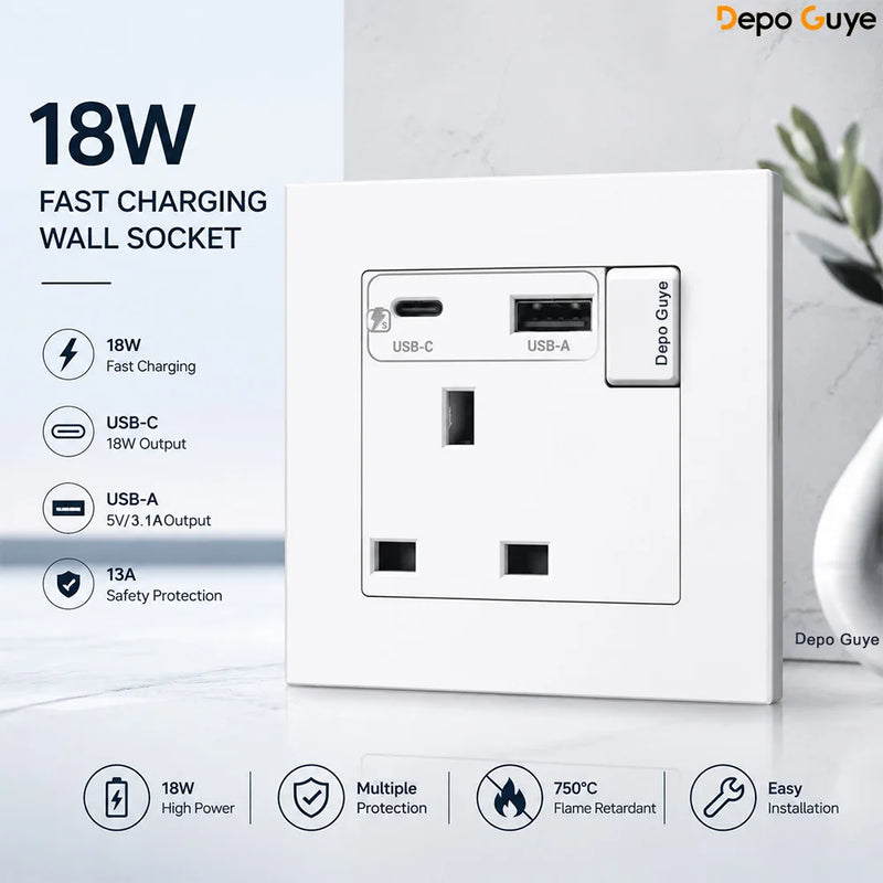 UK 13A Wall Socket with USB Type C 18W Quick Charge Power Outlet,Universal Electrical  Wall Light Switch Dual 3-pin Socket 220V