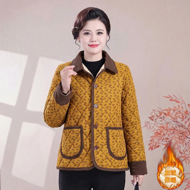 អាវក្រៅថ្មីសម្រាប់ស្ត្រីវ័យកណ្តាល និងវ័យចំណាស់ បន្ថែមក្រណាត់ក្រាស់ ធ្វើពីកប្បាស ក្តៅ និងទន់ ពាក់ក្នុងរដូវរងា