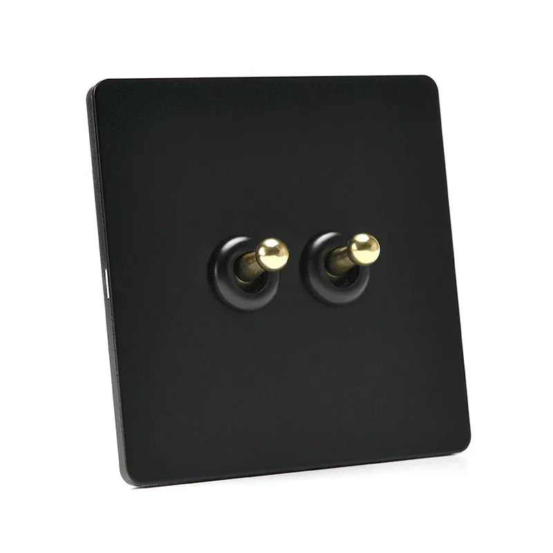 86 Type Retro Switch 1-4 Gang 2 Way Wall Light Brass Lever Toggle Switch Black Matte Stainless Steel Panel EU FR Power Outlet