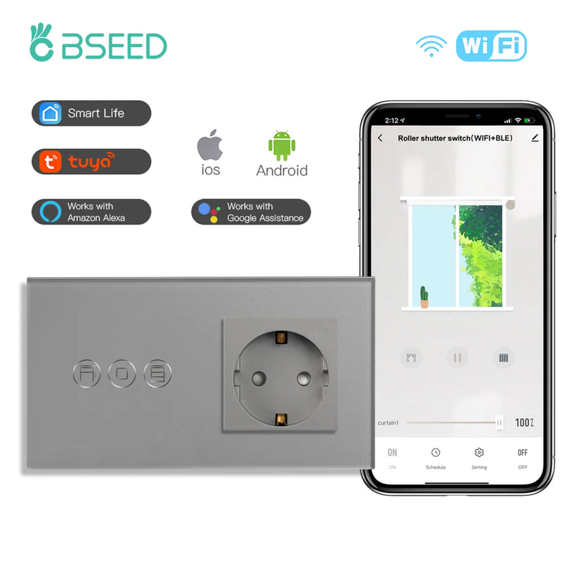 BSEED Wifi Touch Roller Shutter Switch With EU Standard Wall Socket USB Type-C Smart Wireless Blinds Switch Tuya Alexa Control