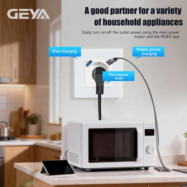 រន្ធដោត Wifi GEYA EU ជាមួយចំណុចប្រទាក់ USB ប្រភេទ C 20W រន្ធសាកថ្មលឿន គាំទ្រ Tuya Smart Life Alexa App 16A