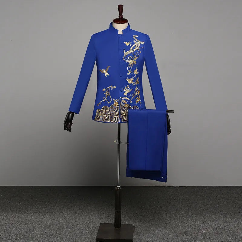 Chinese-style Men's Two-piece Suit Set Featuring A Jacket with Gold Embroidery and Matching Pants, Available in Red,White,Black.