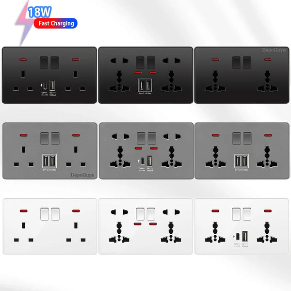 18W Type-C Plug Quick Charging Universal 5-pin Dual Power Socket,UK Standard 13A Wall Socket with DC 5V 3.1A Type-c USB Charger