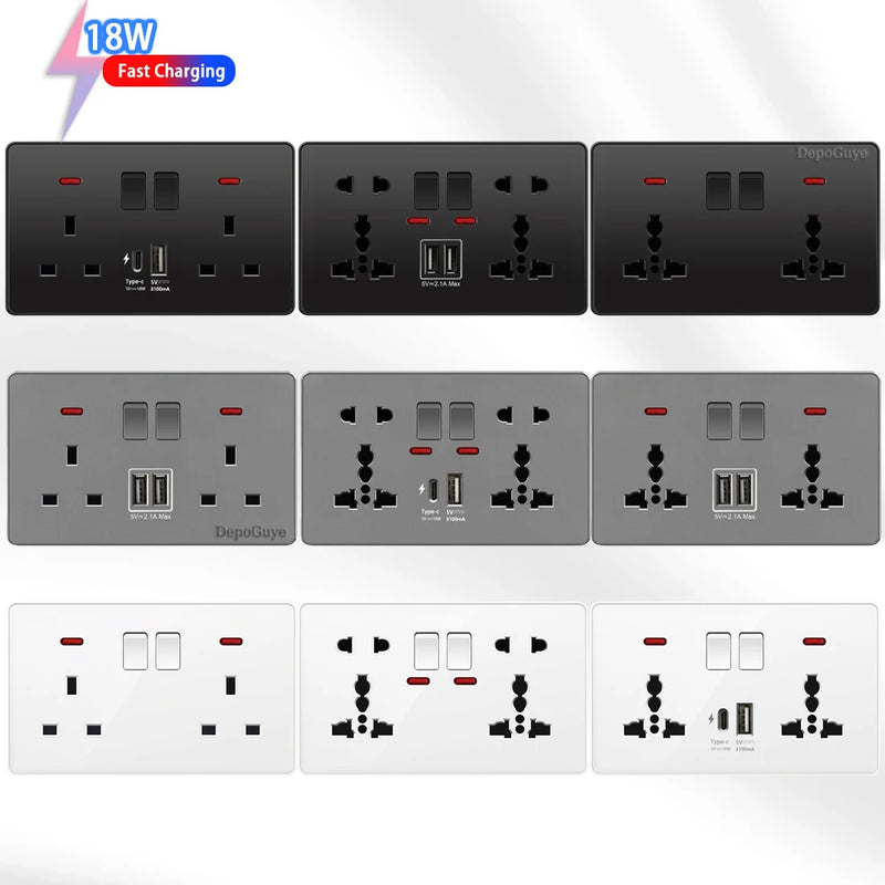 18W Type-C Plug Quick Charging Universal 5-pin Dual Power Socket,UK Standard 13A Wall Socket with DC 5V 3.1A Type-c USB Charger