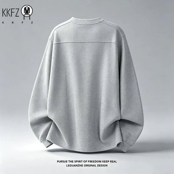 Mens Raglan Sleeve Waffle Crew Neck Top Shoulder Embroidery Detail Loose Cut Soft Fabric Casual Daily Wear