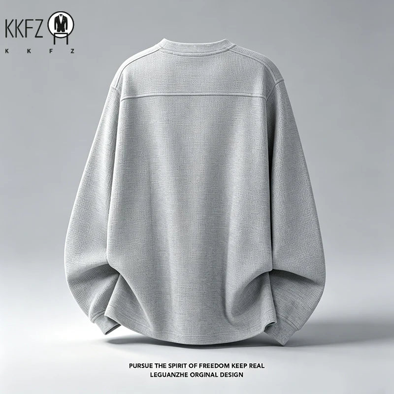 Mens Raglan Sleeve Waffle Crew Neck Top Shoulder Embroidery Detail Loose Cut Soft Fabric Casual Daily Wear