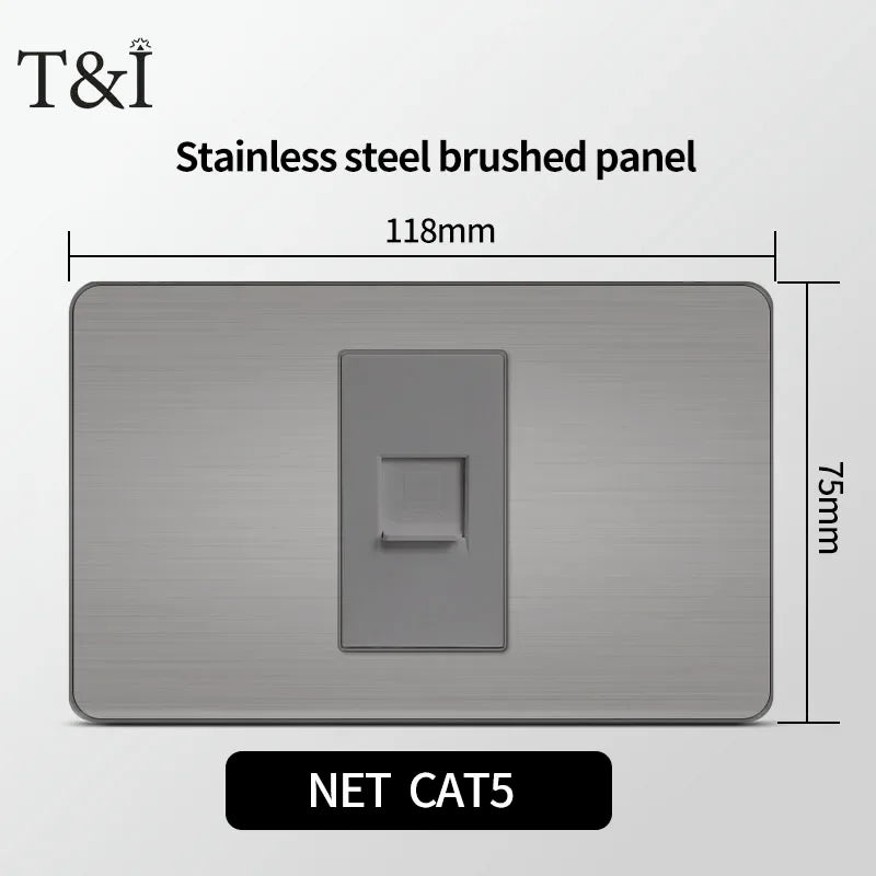 T&I 118 Premium Stainless Steel Brushed Wall Socket with USB Type - C, US Switch, Thai Plug for Home & Office Use