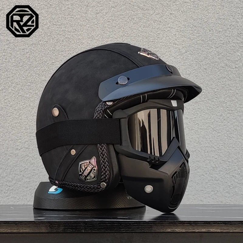 【ORZ】Retro Leather 3/4 Open Face Motorcycle Helmet, PU Leather Shell Cafe Racer Scooter Motorbike Half Helmet for Men Women