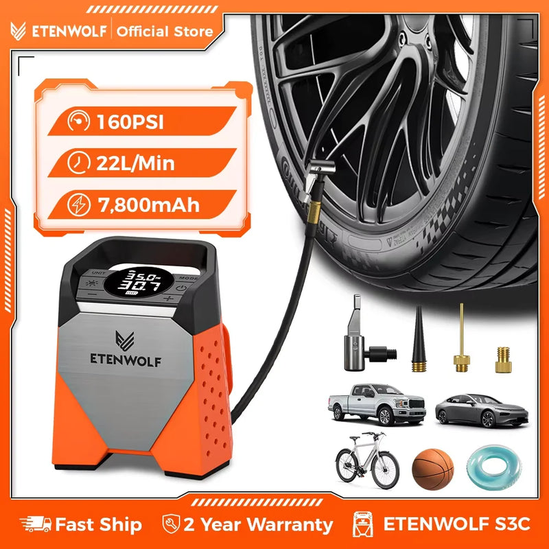ម៉ាស៊ីនបូមខ្យល់កង់រថយន្ត ETENWOLF S3C ថ្មី 7800mAh 160 PSI ម៉ាស៊ីនបង្ហាប់រថយន្ត Powerbank ម៉ាស៊ីនបូមខ្យល់ឥតខ្សែអគ្គិសនី ឧបករណ៍ ភ្លើង LED