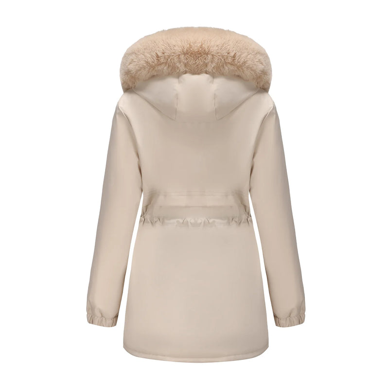 Women's Beige Mid-length Thick Jacket, Blue Knee-length Parka, Fitted Fur-trim Casual Overcoat, Stylish and Warm Trench Coat.