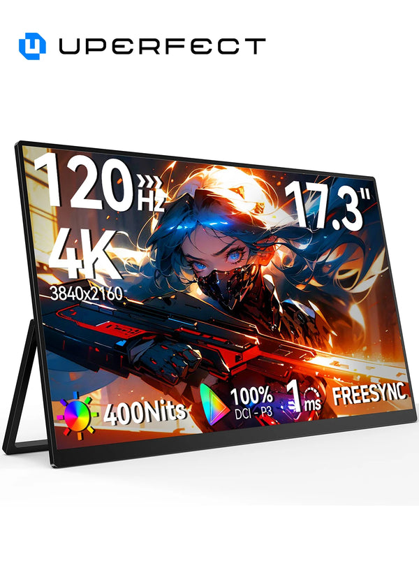 ម៉ូនីទ័រ UPERFECT UColor T17 4K UHD ជាមួយជើងទ្រលៃតម្រូវ VESA ទំហំ 17.3 អ៊ីញ អេក្រង់លេងហ្គេម 120Hz សម្រាប់ Switch NS2 PS5 XBOX PC Laptop PC MAC