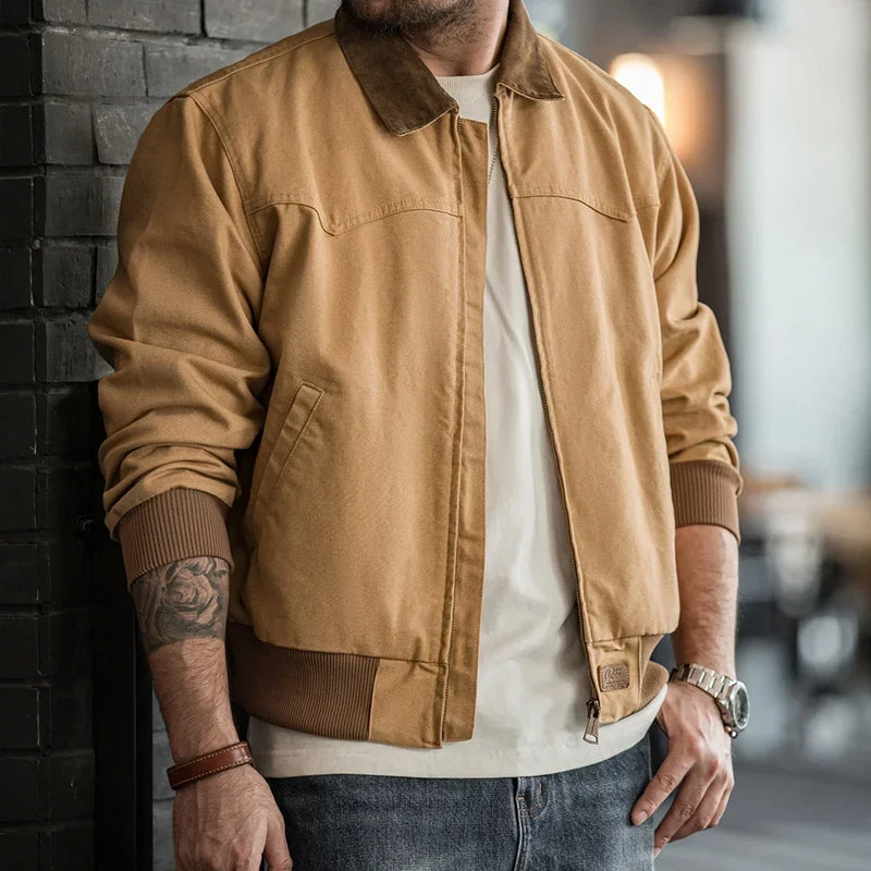 អាវធំ Maden Retro ទម្ងន់ធ្ងន់ Santafe Canvas Jackets កប្បាស Corduroy Lapel Ribbed Hem Cuffs អាវខ្លីសម្រាប់អាវធំរដូវស្លឹកឈើជ្រុះរបស់បុរស