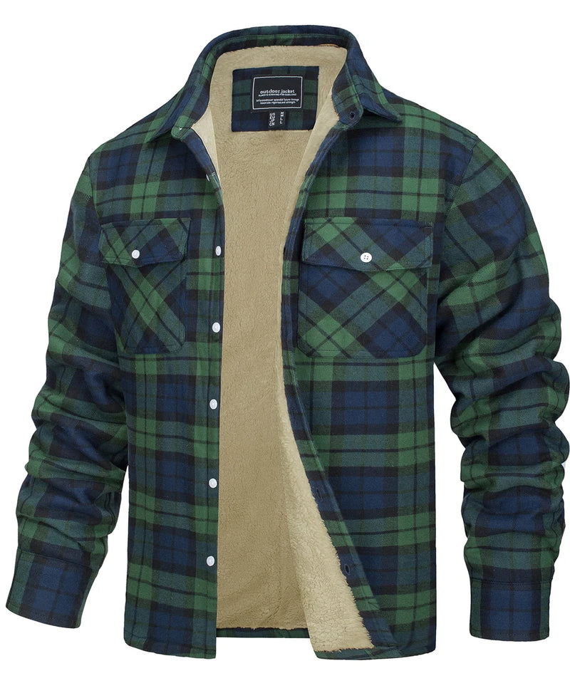 TACVASEN Fleece Lining Jackets Mens Flannel Cotton Jackets Plaid Casual Button Down Cargo Work Coats Thicken Outwear Man Tops