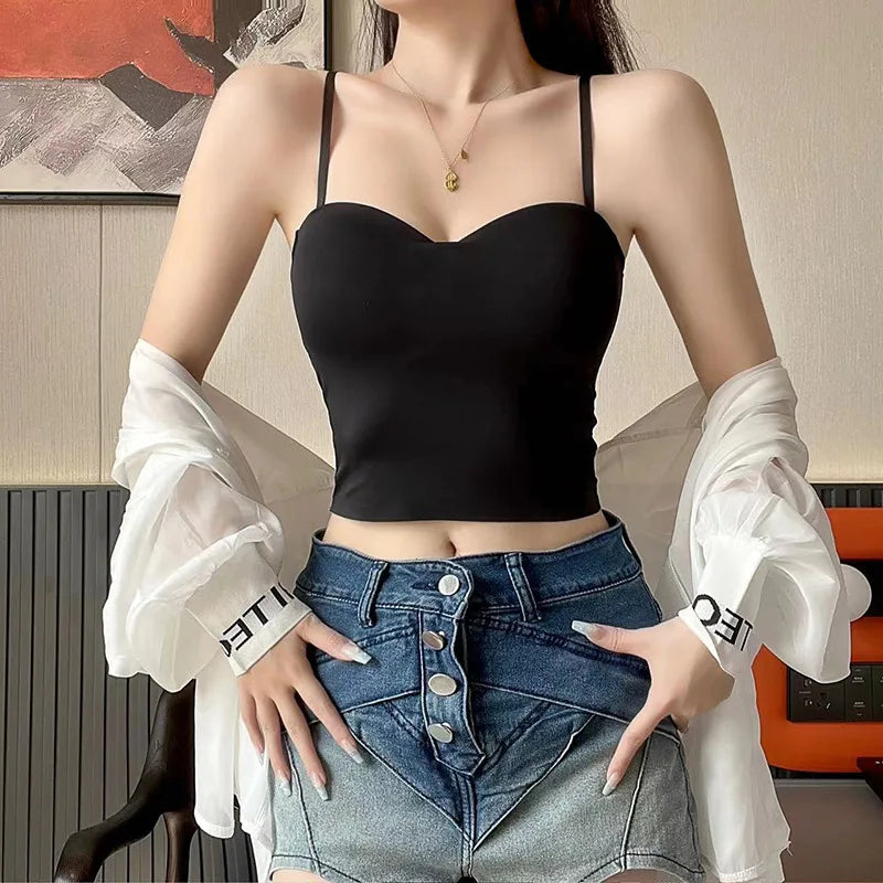 Sexy Hollow Back Three Cross Suspenders Integrated Steel-free Underwear Slim-fit Chest Pad Vest Women One Piece Pajamas Top