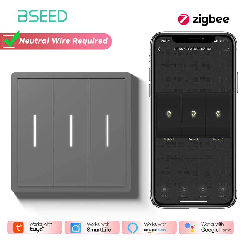 BSEED 1/2/3/4Gang 2Way Zigbee Smart Click Button Switch Smart EU Socket With AC Plastic Frame Work With Tuya Smart Life Alexa
