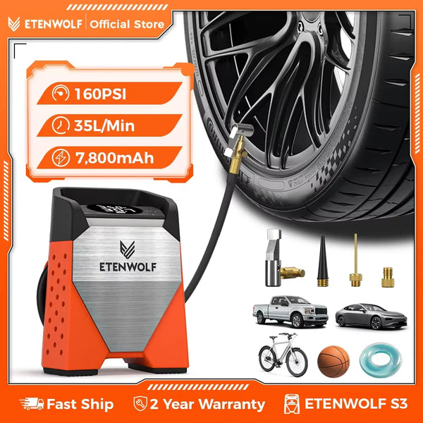 ម៉ាស៊ីនបង្ហាប់ខ្យល់ចល័ត ETENWOLF ZEPHYR S3 បំប៉ោងលឿនក្នុងរយៈពេល 1 នាទី និងវដ្តការងារ 100% ស្នប់ខ្យល់ 160 PSI សម្រាប់រថយន្ត