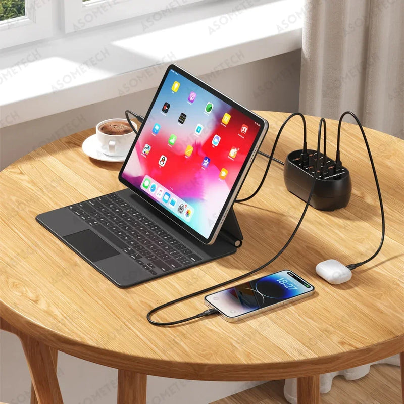 ស្ថានីយសាកថ្ម USB 10 រន្ធ 50W ឧបករណ៍សាកថ្មកុំព្យូទ័រលើតុ មជ្ឈមណ្ឌល USB ច្រើនរន្ធ សម្រាប់ iPhone 16 15 Pro Samsung ថេប្លេត iPad ឧបករណ៍ច្រើន