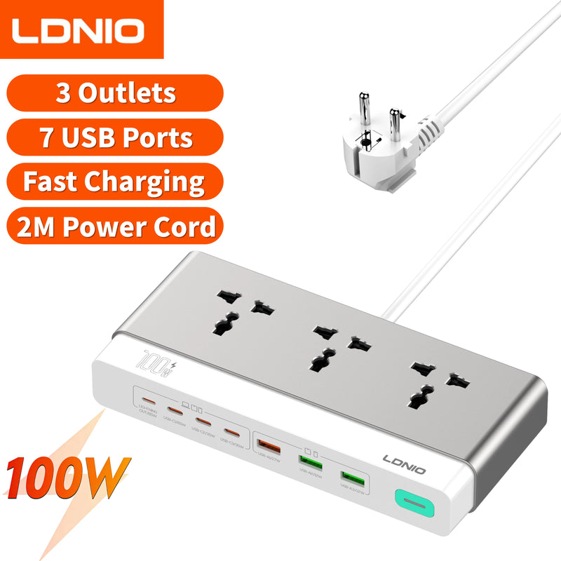 បន្ទះ ភ្លើង LDNIO 65W 13-in-1 ការពារ ការ ឡើង កម្ដៅ ខ្សែ បន្ថែម 2 ម៉ែត្រ រន្ធ ដោត ជា សកល EU KR UK US ដោត USB C ស្ថានីយ សាក ថ្ម លឿន