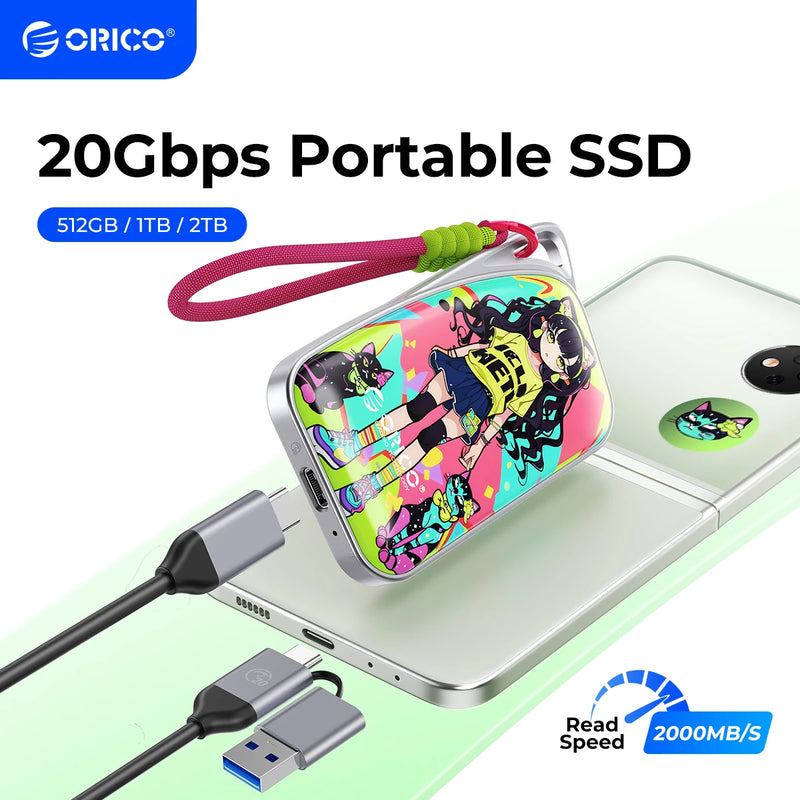 ORICO 20Gbps Portable Solid State Drive 2000MB/S Colorful Graffiti NVME PSSD for Laptop PC Video Editing and Data Backup