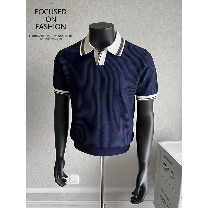 Men's Contrast Collar Polo, Old Money Style Knit Shirt,Stretchable, Breathable, Everyday Commuter Knitted Pullover.
