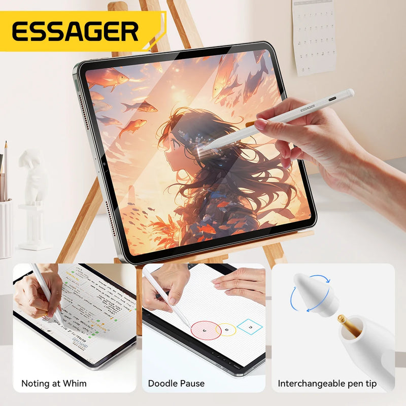 ប៊ិច Essager ម៉ាញេទិកសម្រាប់ iPad Pencil USB Type C សាកថ្មសម្រាប់ iPad Pencil ឆ្នាំ 2022 2021 2020 2019 2018 2015 គ្រឿងបន្ថែម