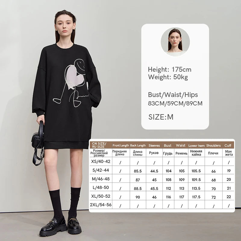 AMII Casual Dresses 2026 New Autumn Print Embroidery Long Sleeves Drop Shoulder Round Neck Pocket Loose Sweatshirt Dress12523017