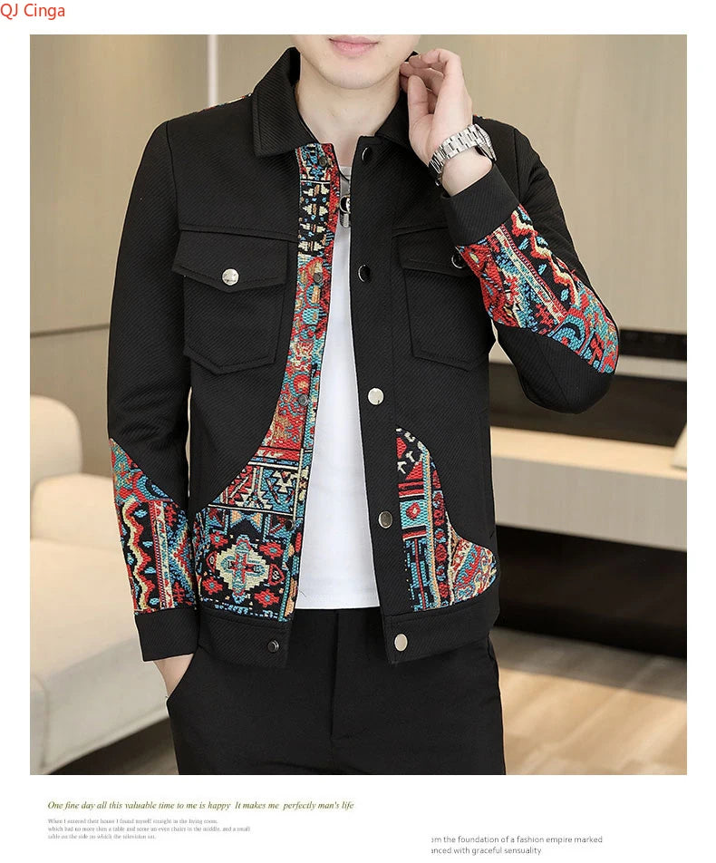 2026 Men's Long-Sleeve Collared Jacket for Fall, Black Patchwork-Detailed Outerwear, Asian Fit Slim-Cut Top Coats.