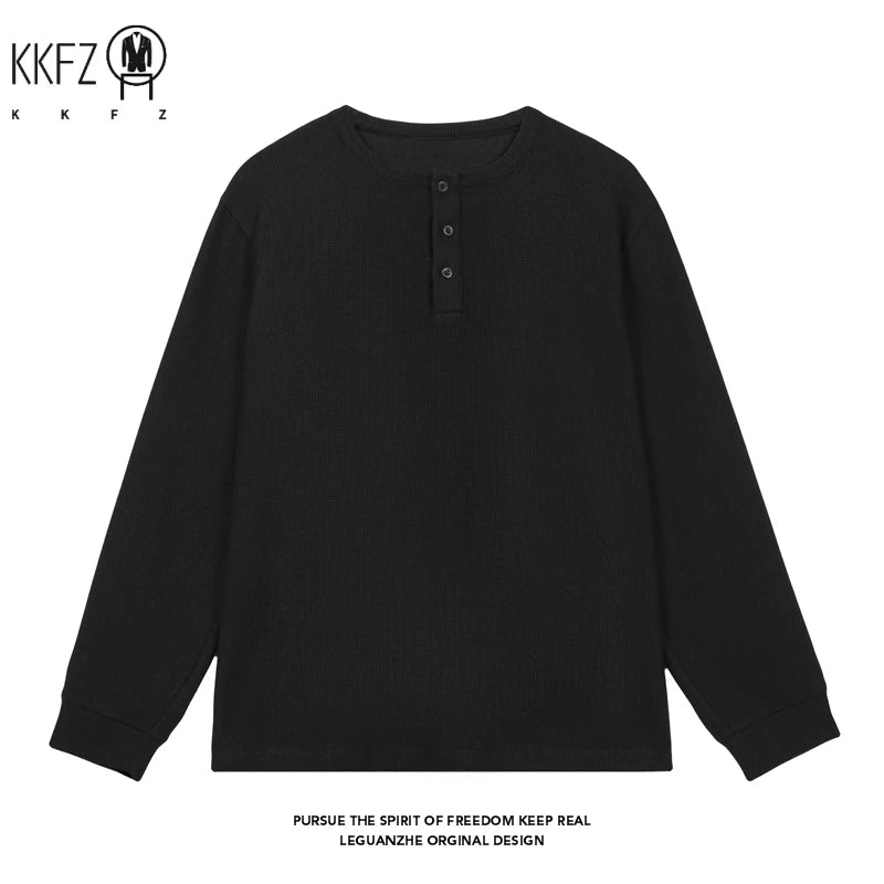 Autumn Basic Long Sleeve Pullover Men Round Neck Waffle Knit Button Notch Easy Matching Daily Street Fashion Apparel
