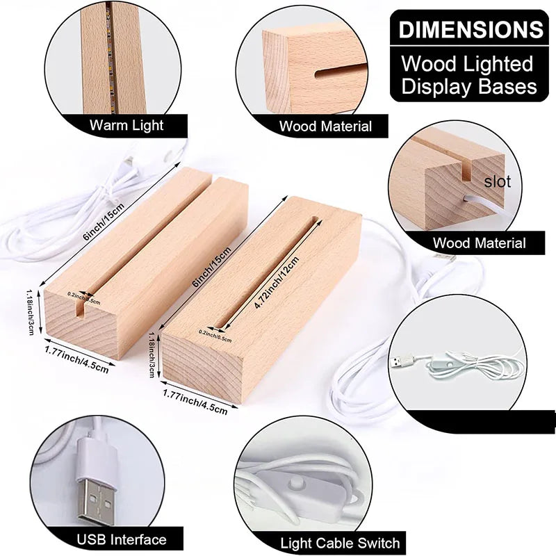 LED Solid Wood Lamp DIY Romantic Night Light, Crystal Glass Lamp Base Switch Log Lamp USB Rectangular Display Lamp Display Stand