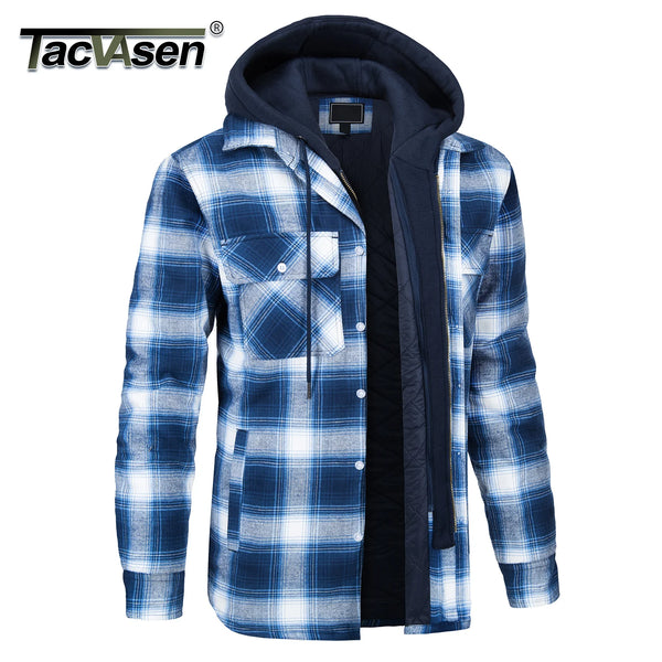 TACVASEN Men's Cotton Flannel Shirt Button Down Plaid Shirts with Hood Quilted Lined Casual Shacket Mens Winter Heavy Shirt New