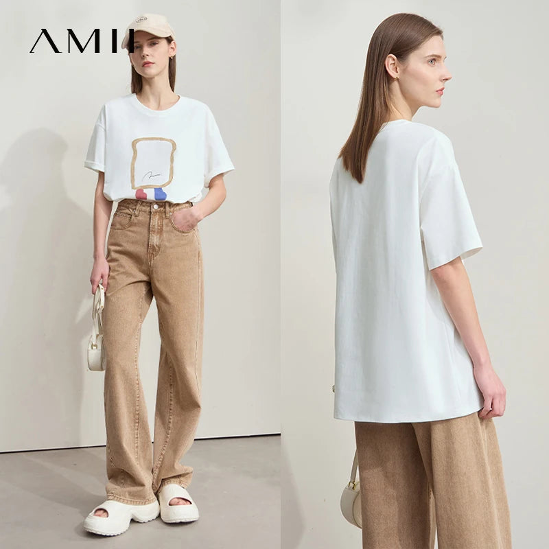 អាវយឺតរដូវក្តៅ AMII Minimalist សម្រាប់ស្ត្រី អាវយឺតដៃខ្លី O ក បោះពុម្ព នារី 2025 ម៉ូដថ្មី អាវយឺតរលុង 12542182