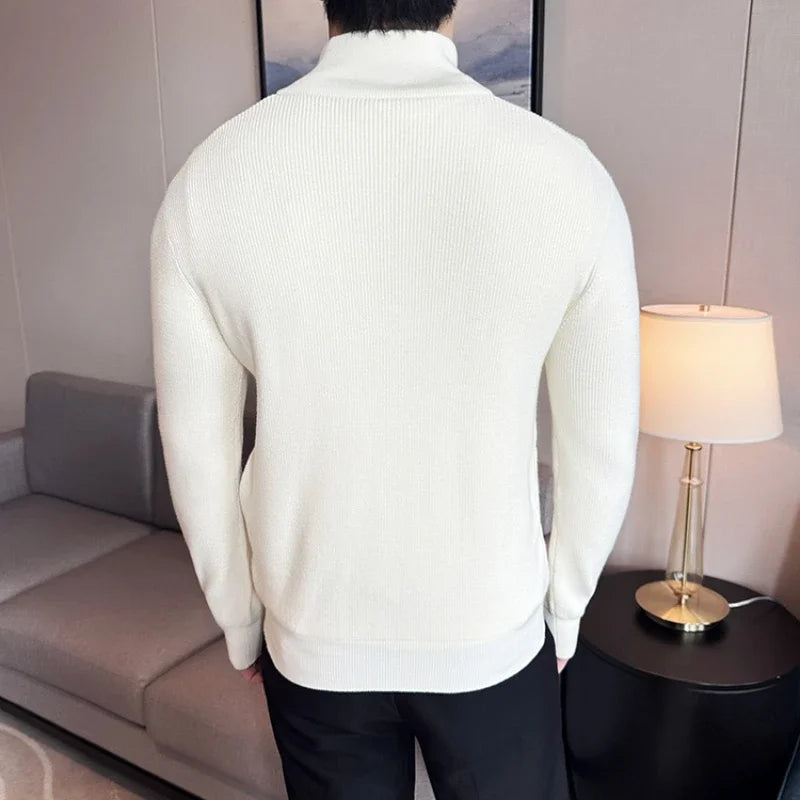 Autumn and Winter Stretch Solid Color Zipper Cardigan, Daily Casual Men's Business Casual Sweater.Stand-up Collar Coat