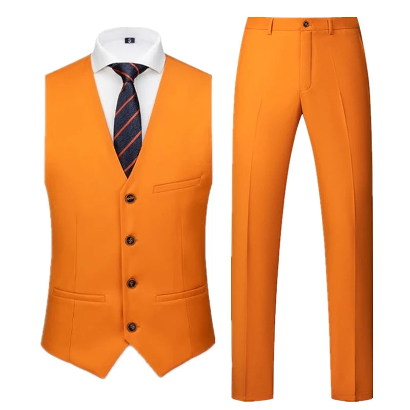 2026 Men's Bright Red V-Neck Sleeveless Vest with Pants, Green Gray Black White Purple Waistcoat and Trousers Asian Size Sets