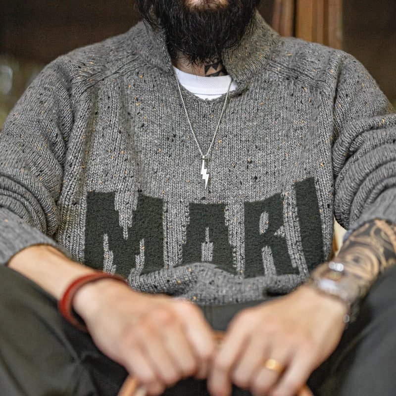 Maden Vintage Men's Gray Letter Jacquard Sweater V-Neck Draped Pullover Thermal Heathered Effect Knitwear for Autumn Winter